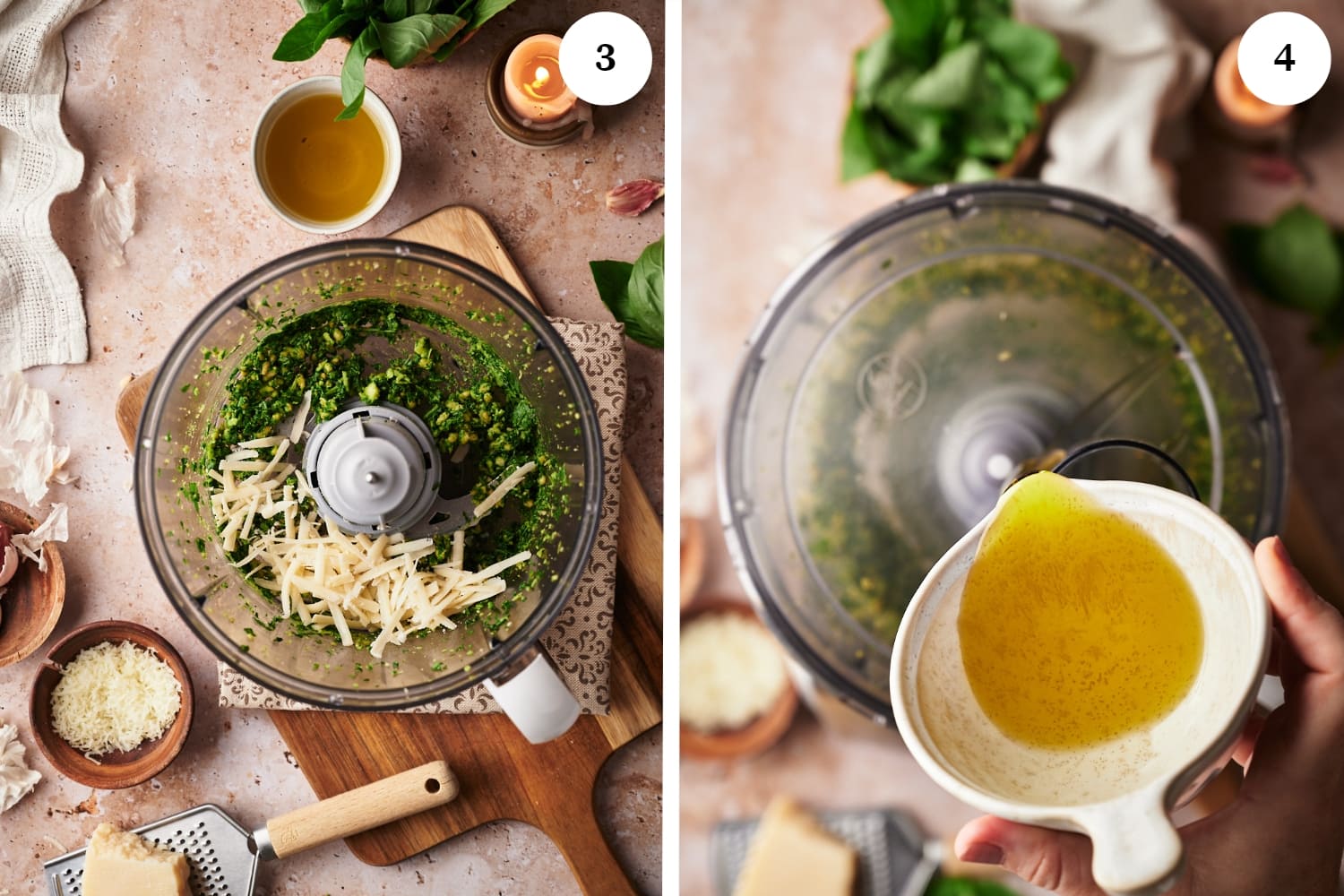 ground pesto ingredients inside a bowl of food processor with pecorino cheese on top. around the food processor are bowls of grated cheese, olive oil, garlic cloves, broken cheese on top of a grater. next photo, olive oil being poured into the food processor with the lid on.