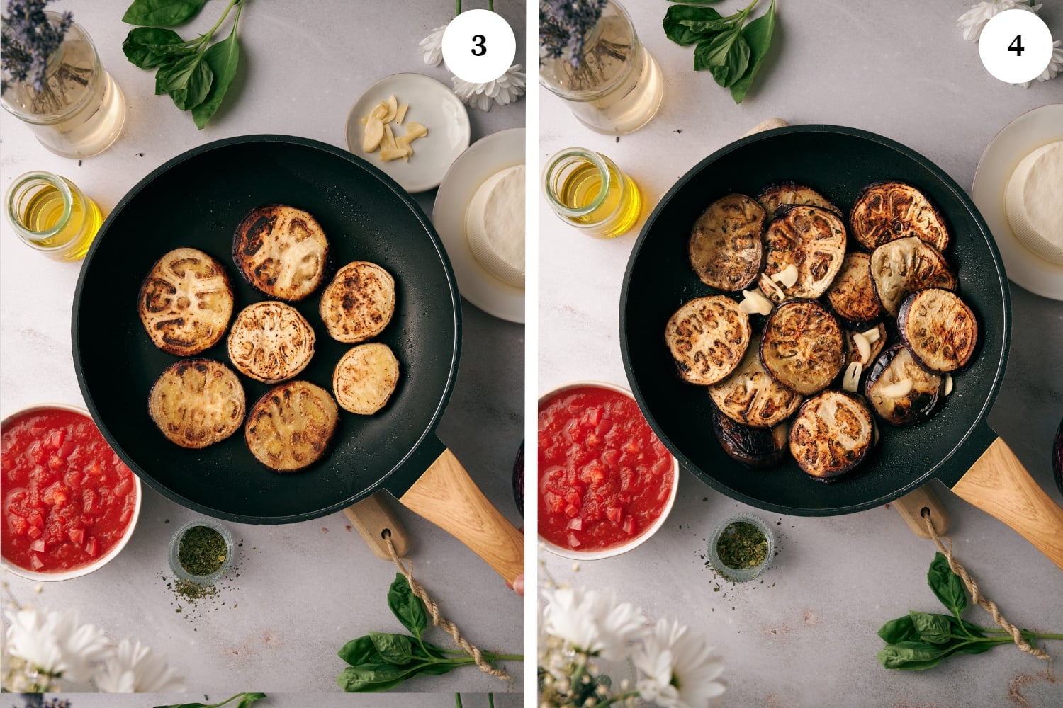 pasta alla norma procedure: slices of eggplants are pan-fried in a pan. next photo, eggplants are cooked with garlic.