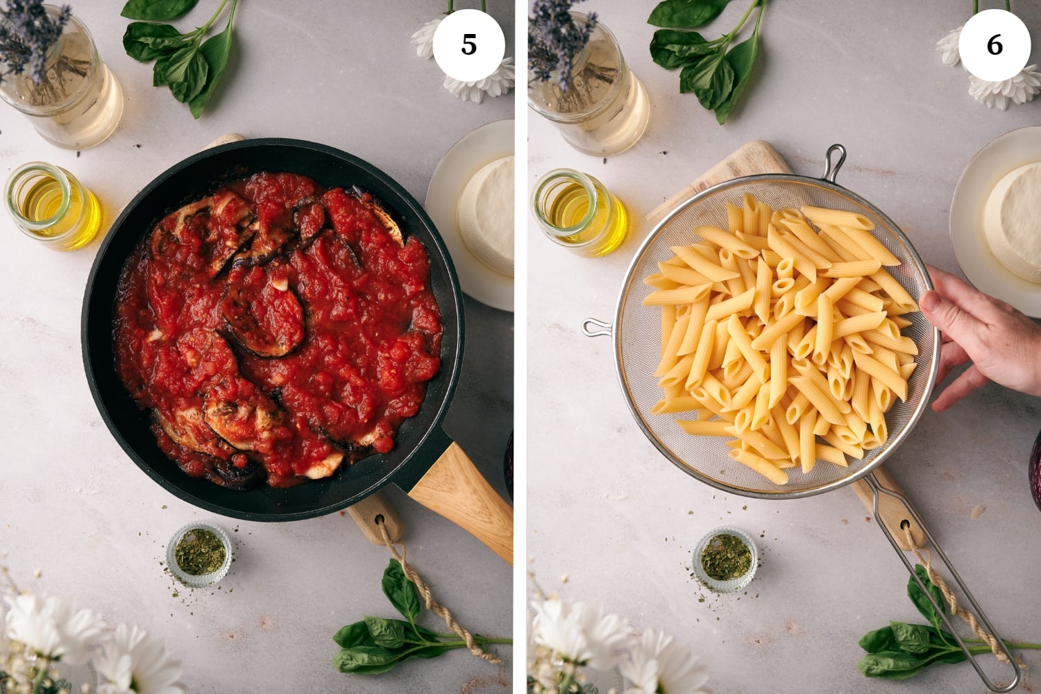 pasta alla norma procedure: first photo is of cooked eggplants with crushed tomatoes on top. next photo is penne pasta being drained with a sieve.