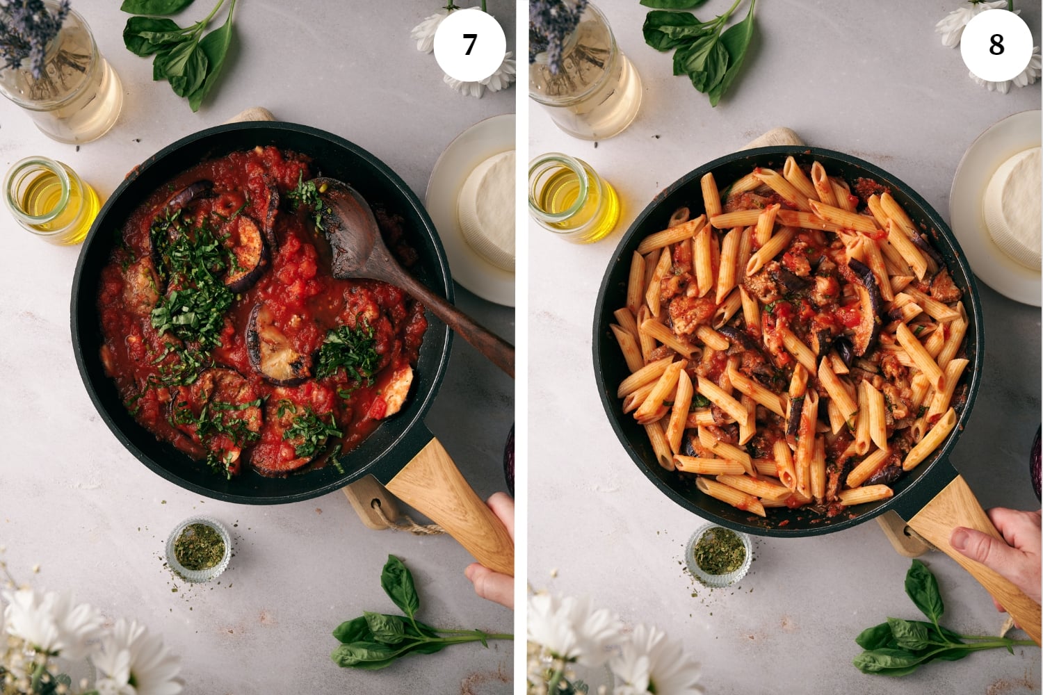 pasta alla norma procedure, basil is added to the eggplant and tomato mixture with a wooden spoon. next photo is penne is tossed with the sauce.