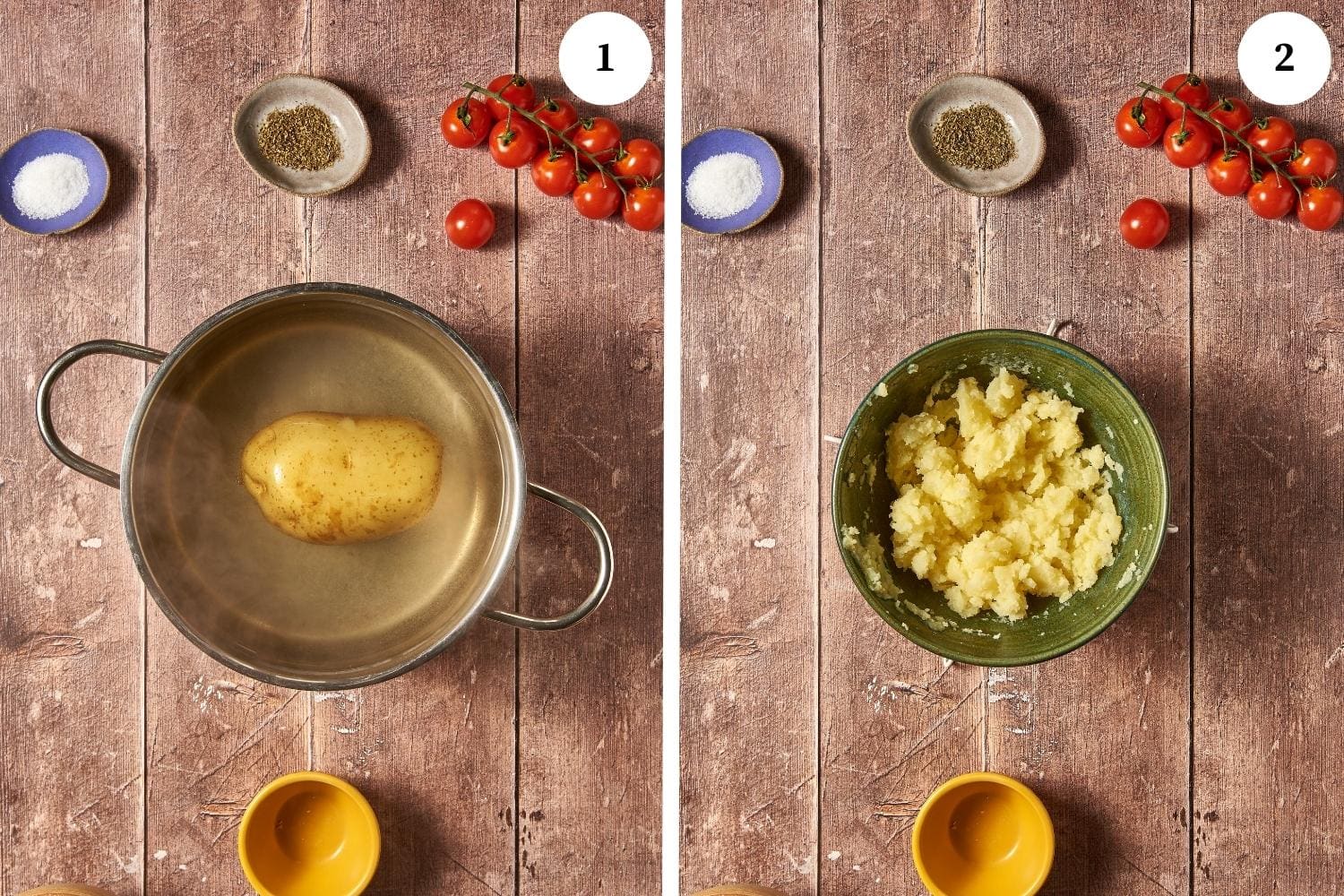 tomato focaccia procedure: potato being boiled in a pot. other photo, mashed potato in a green bowl.