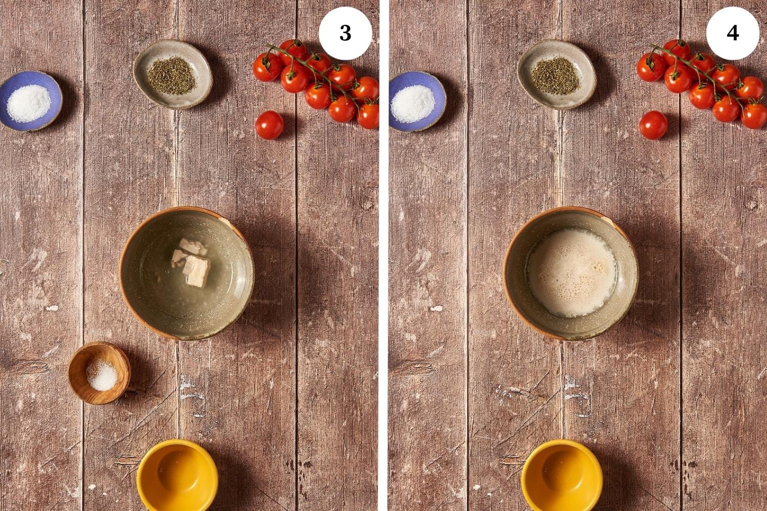 tomato focaccia procedure: yeast in water, frothed yeast.