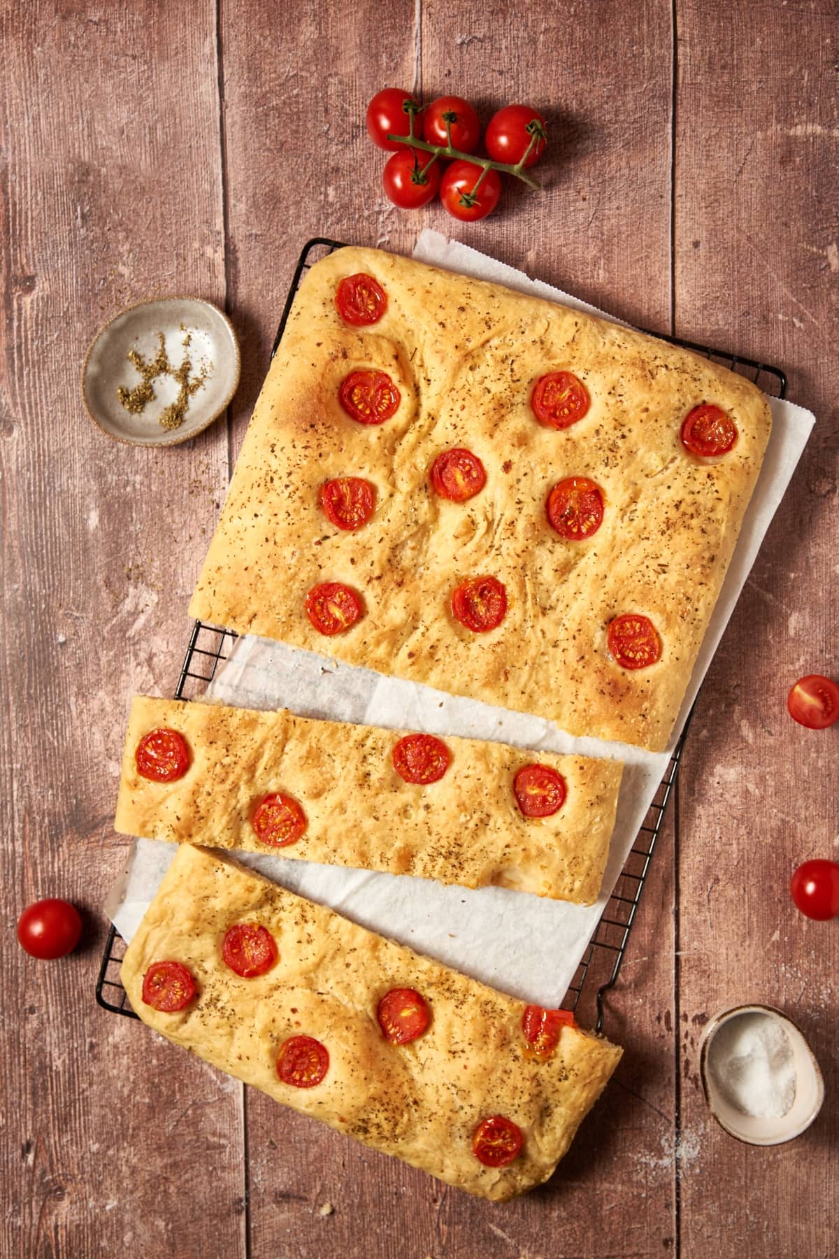 sliced tomato focaccia bread on a table 