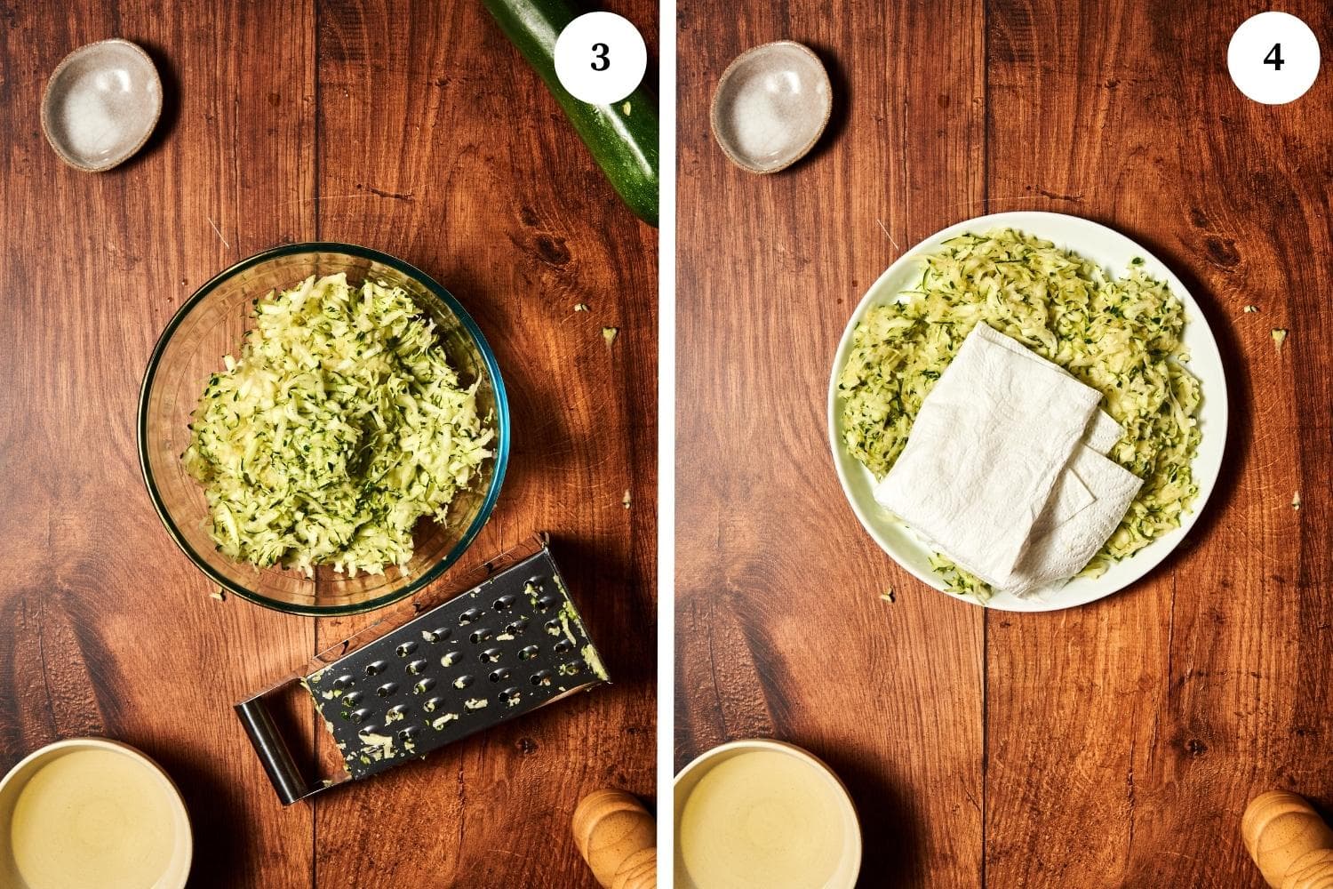 zucchini fritters procedure, zucchini grated. next is grated zucchini patted with a paper towel.
