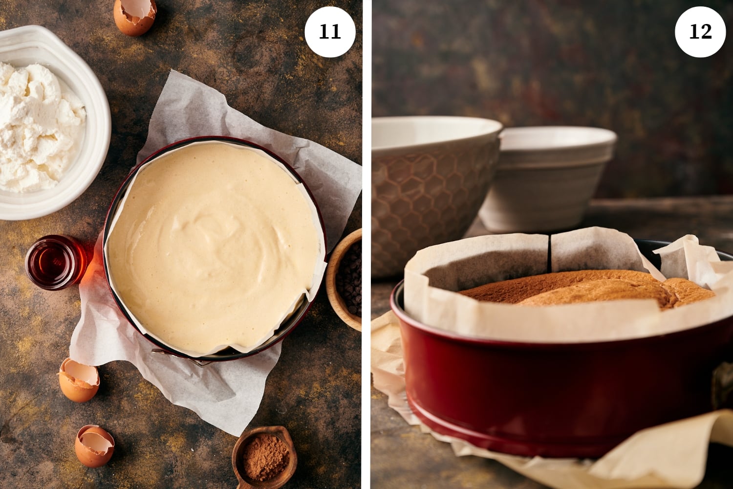 zuccotto procedure: batter in a round pan. second photo cooked cake in a pan