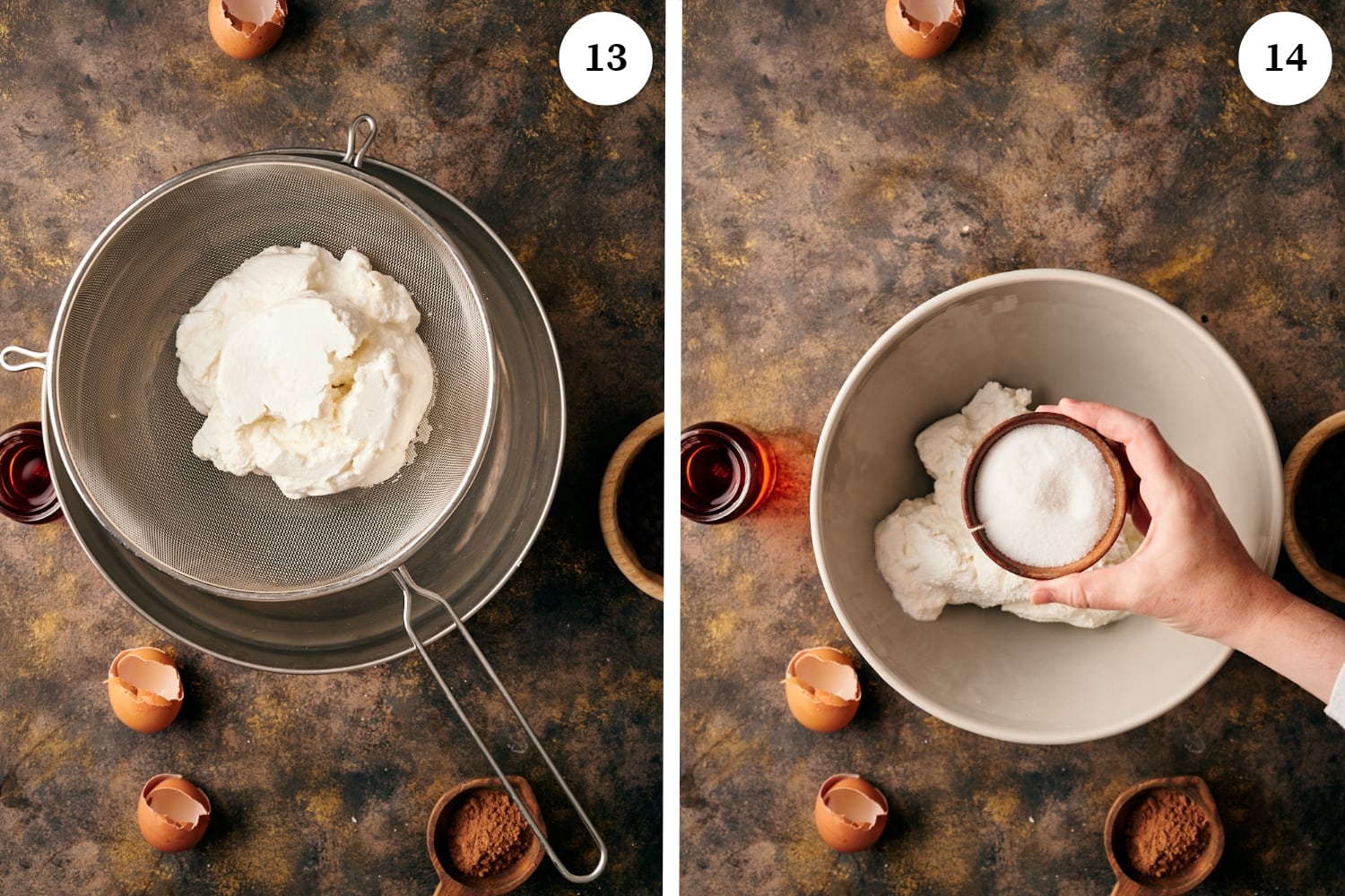 zuccotto procedure: ricotta being drained with a sieve