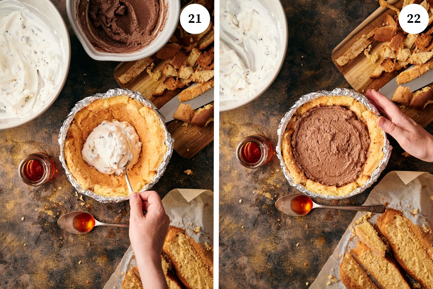 zuccotto procedure: layering of fillings in the sponge cake