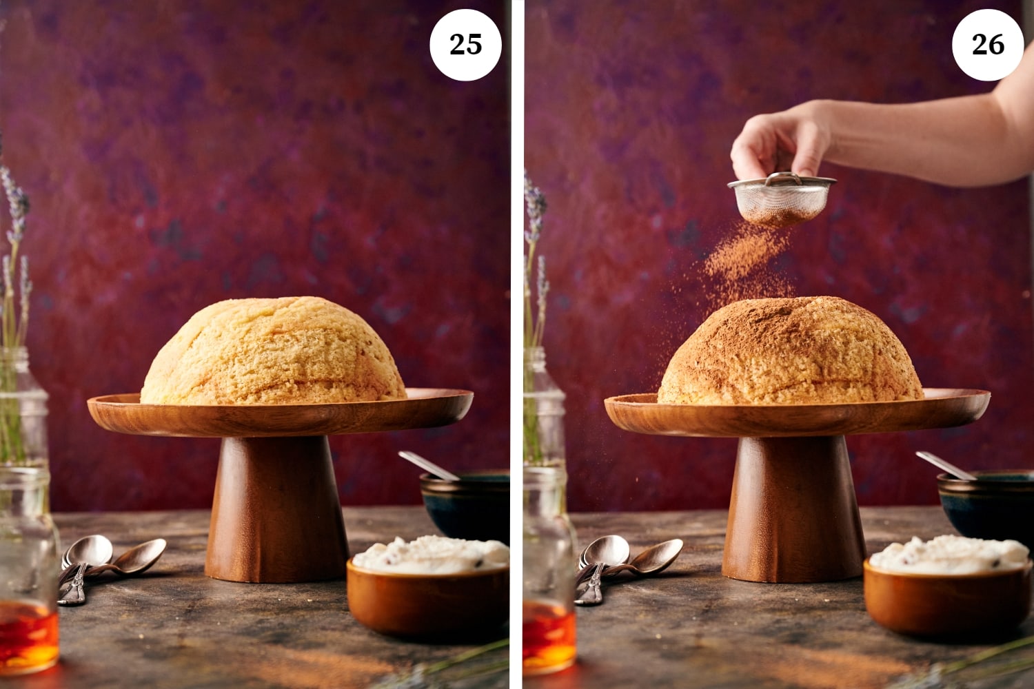 zuccotto procedure: finishing the cake with dusting of cocoa powder.