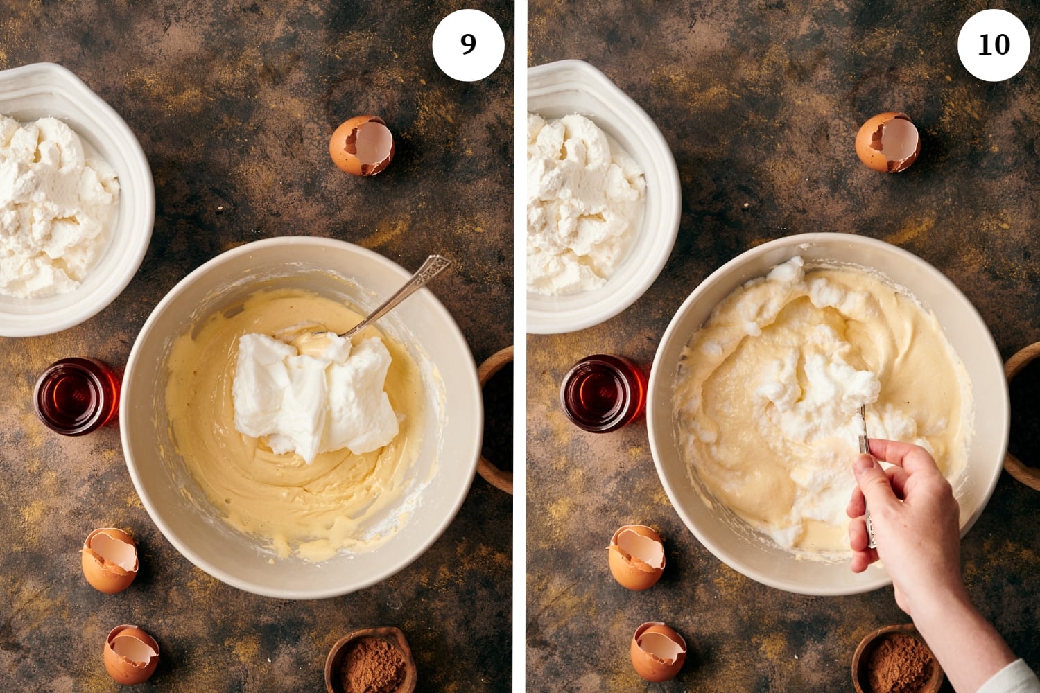 zuccotto procedure: batter with whipped egg whites on top. 