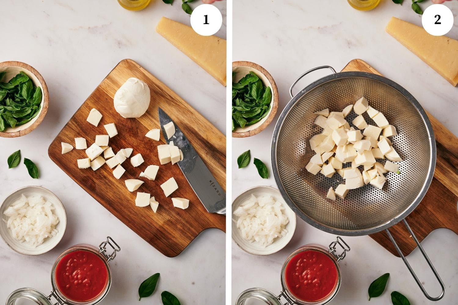 Process of making Gnocchi alla Sorrentina: Drain all the excess liquid from the mozzarella and cut into cubes. Place the mozzarella in a colander in the sink so that it continues to drain any excess liquid.