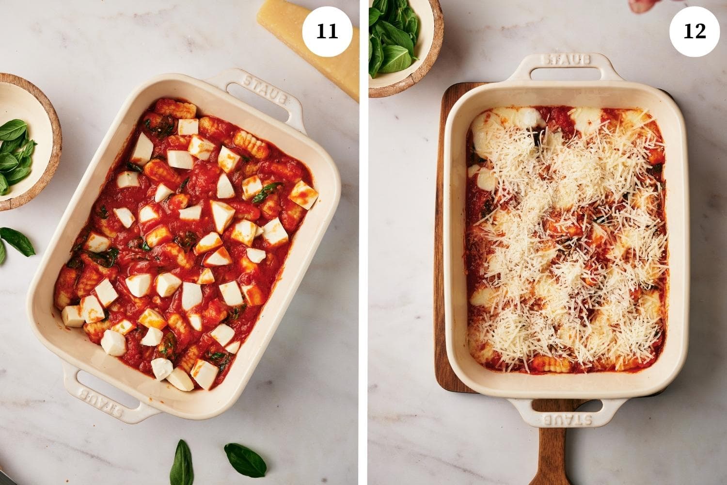 Process of making Gnocchi alla Sorrentina: dd the mozzarella cheese cubes and sprinkle with grated Parmesan cheese.
