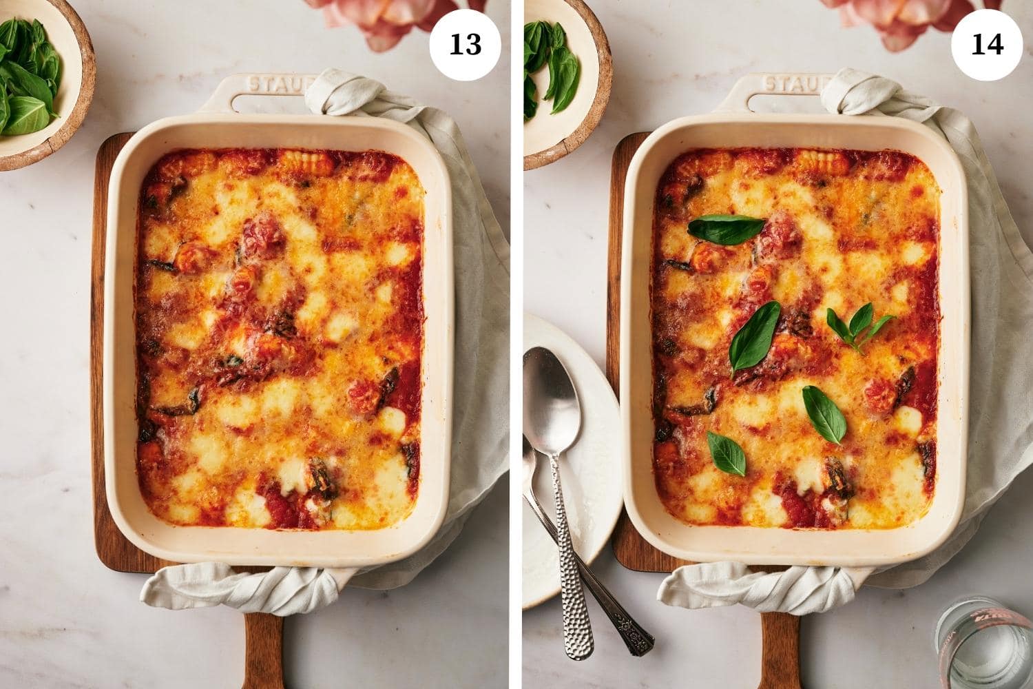 Process of making Gnocchi alla Sorrentina: Bake in a preheated oven at 200 °C for 10-15 minutes, until the Parmesan cheese turns golden and the melted mozzarella cheese is bubbling slightly.