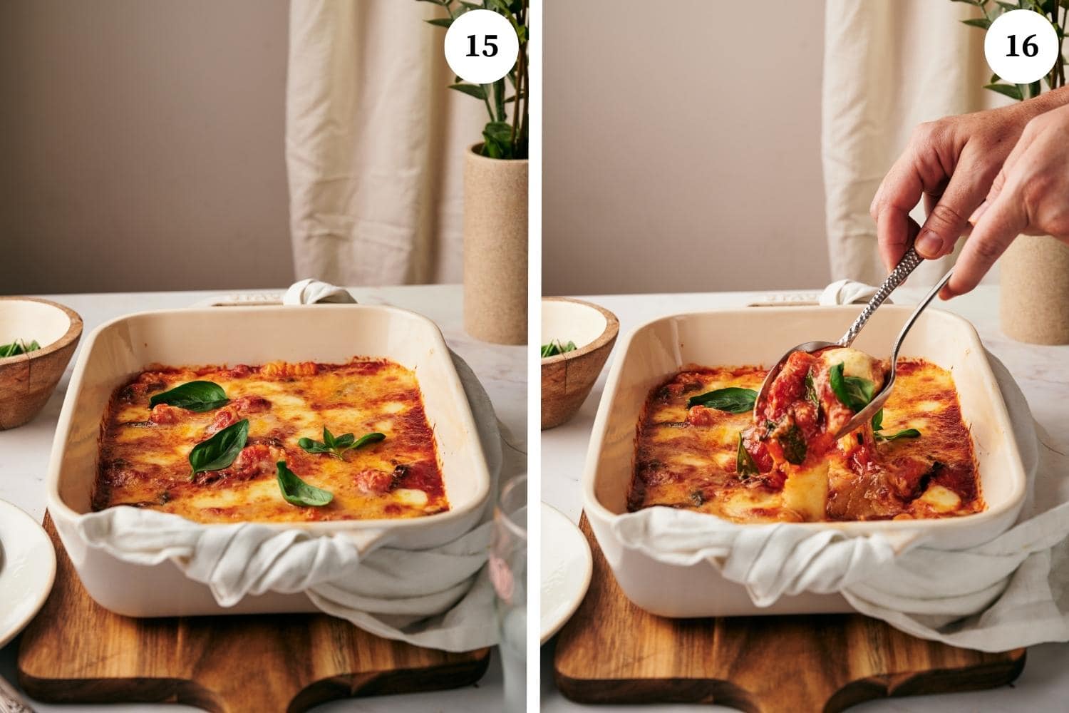 Process of making Gnocchi alla Sorrentina: Serve the baked gnocchi immediately while still hot by removing a single portion into a flat plate.