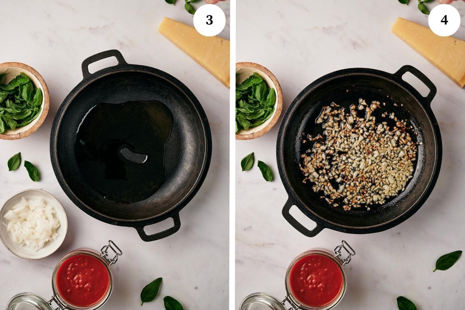 Process of making Gnocchi alla Sorrentina: In a large skillet or saute pan, pour a drizzling of olive oil and place oven medium heat, then add the onion and saute until golden.