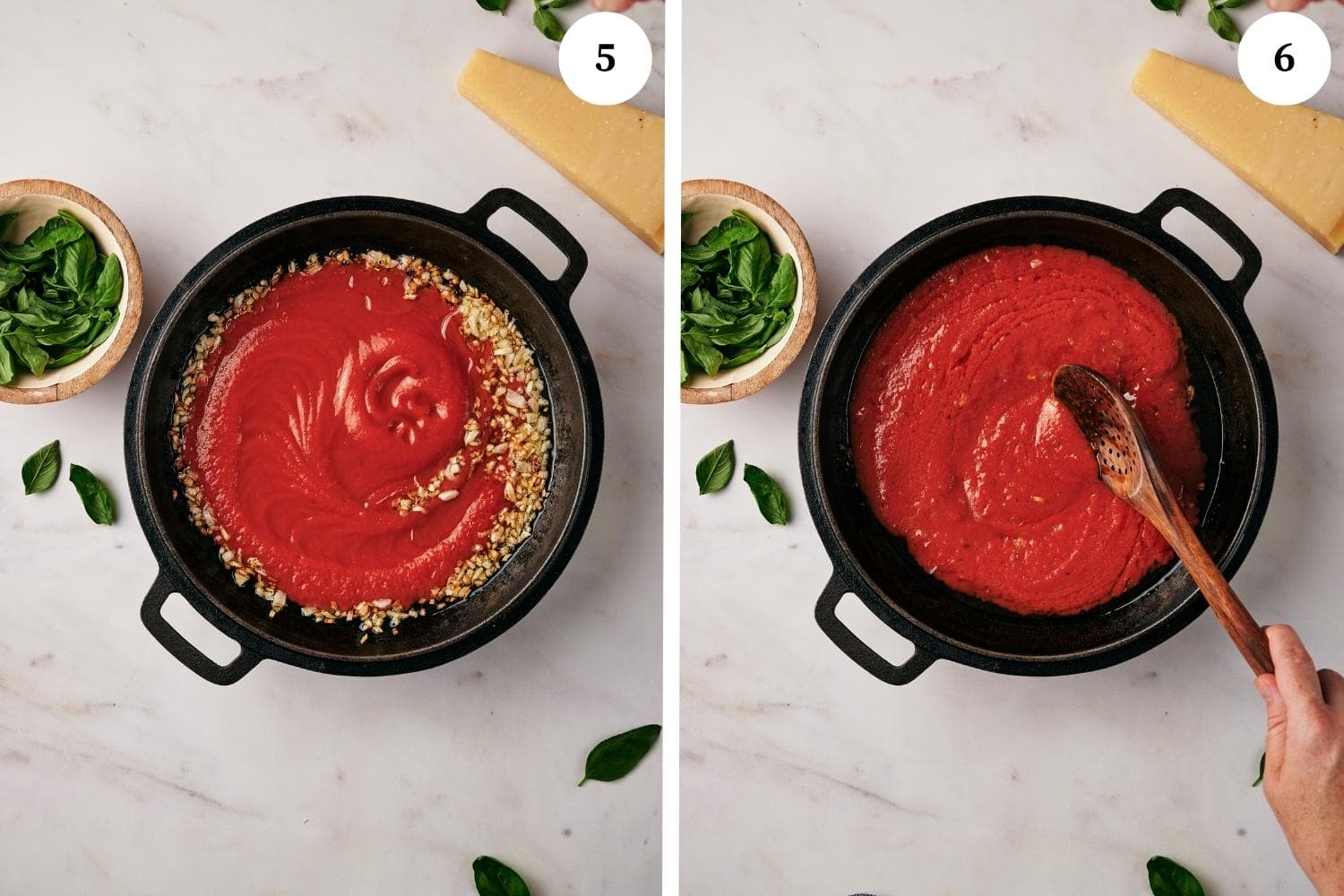 Process of making Gnocchi alla Sorrentina:  add the tomato puree, canned tomatoes or chopped fresh tomatoes and season with salt and cook the sauce.