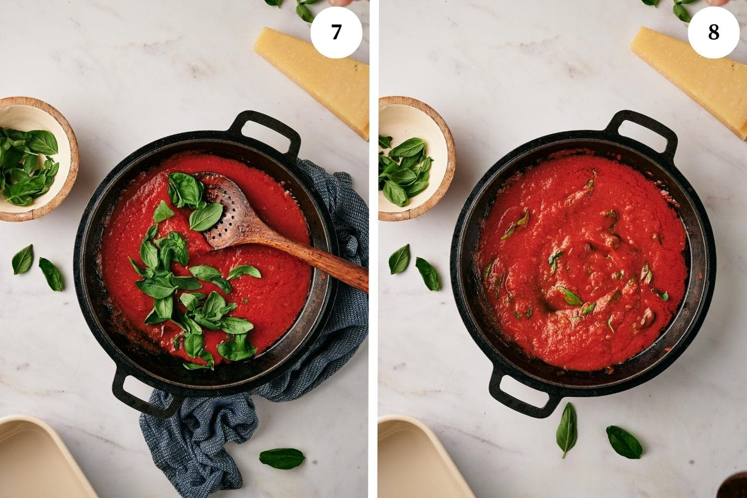 Process of making Gnocchi alla Sorrentina: add the fresh basil.
