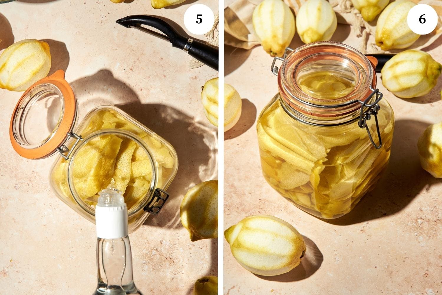 Homemade limoncello procedure: the alcohol is poured over the lemon peels. Next, the jar is sealed.