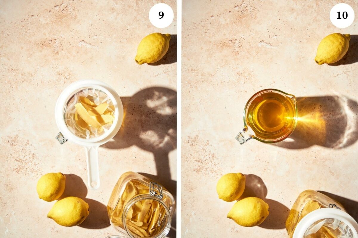 Homemade limoncello procedure: the lemon-infused alcohol is strained. Next is a glass of the strained liquid.