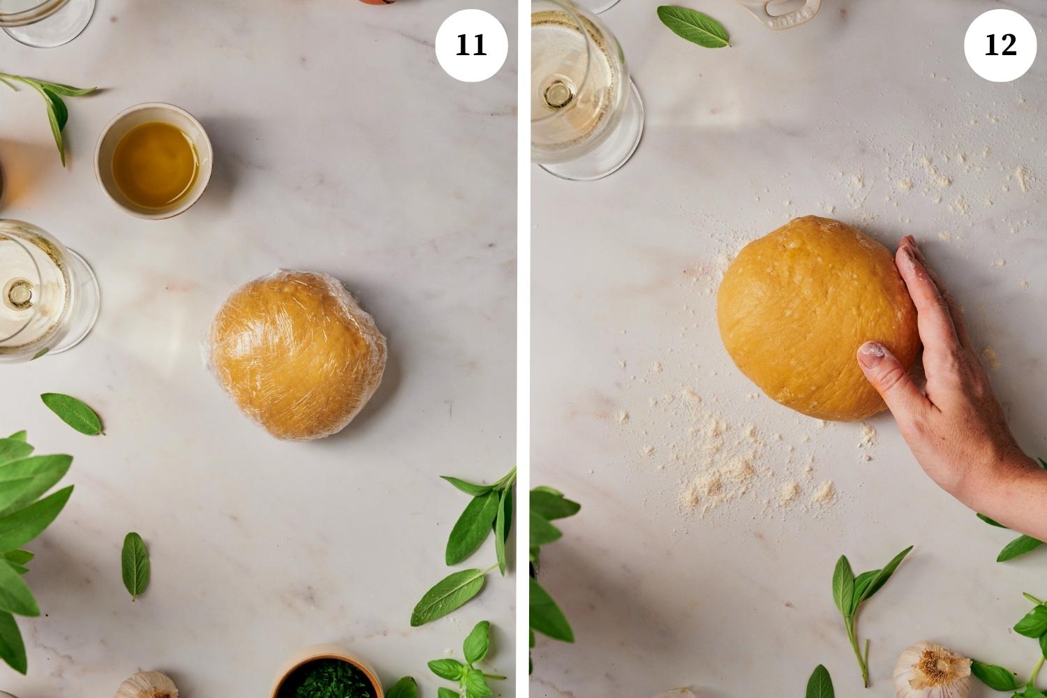 Process of making Lobster Ravioli: cover the dough in plastic wrap and let it rest for 30 minutes.