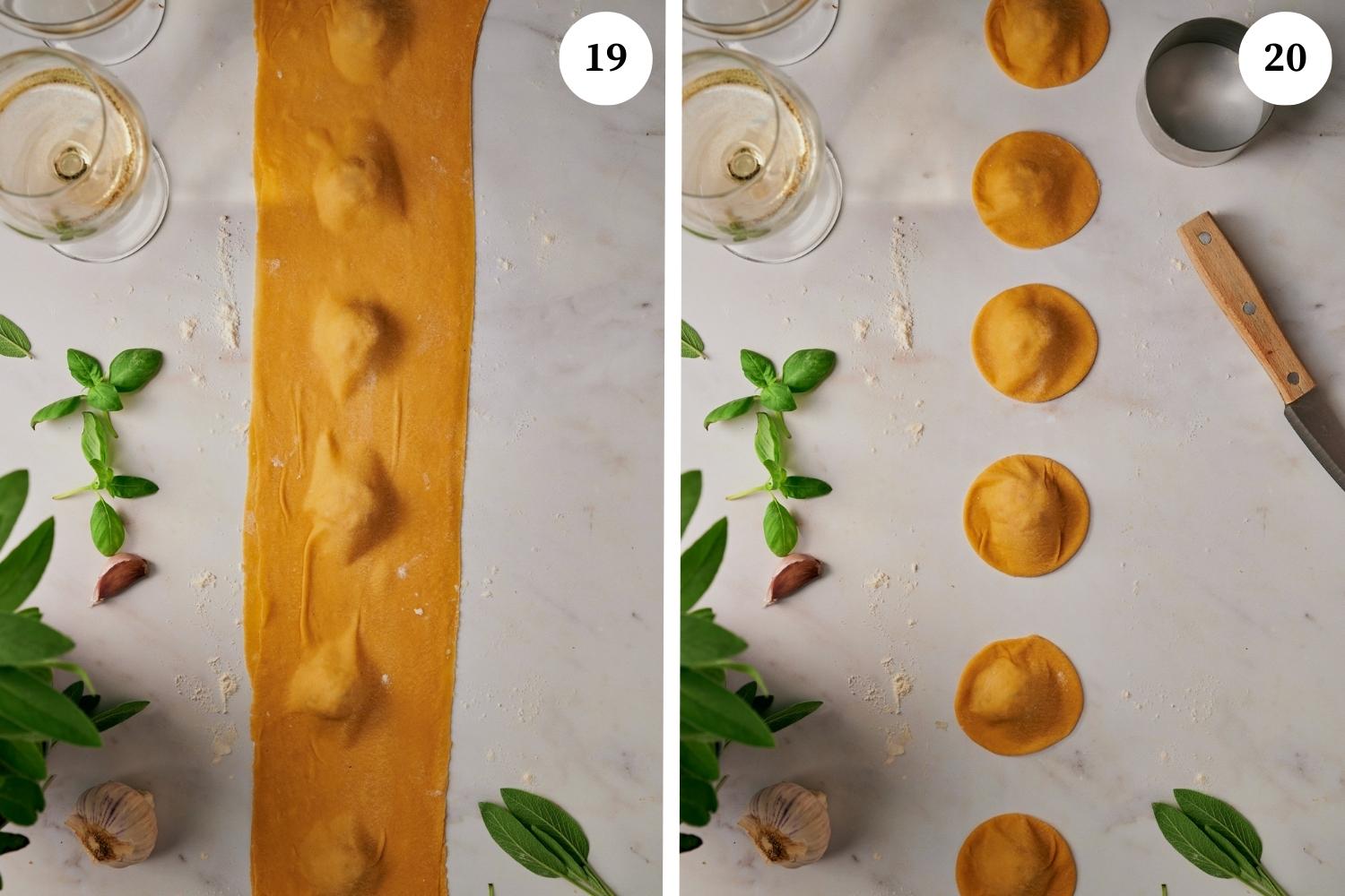 Process of making Lobster Ravioli: Cut into individual ravioli with a ravioli cutter or sharp knife. 