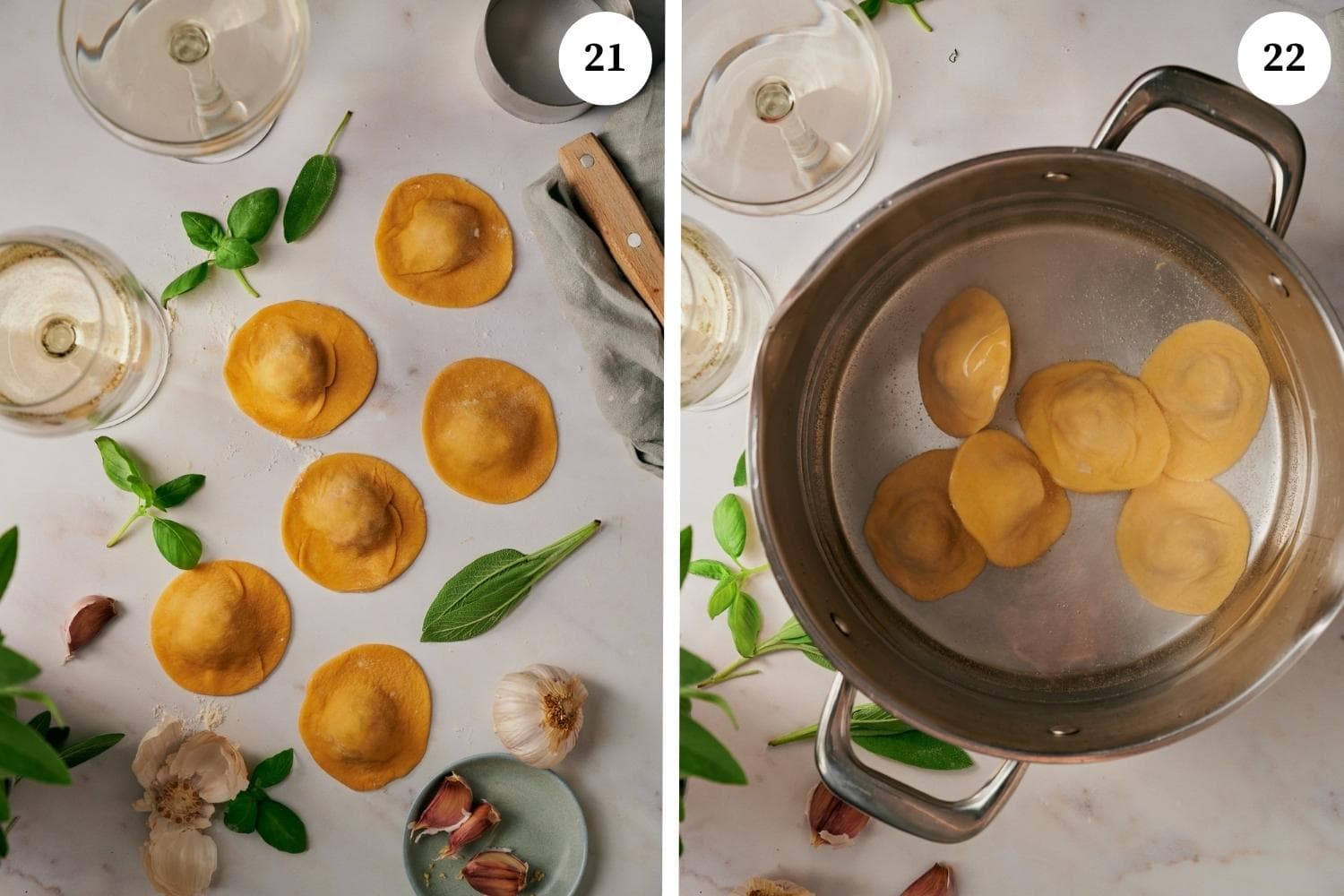Process of making Lobster Ravioli: add the ravioli to cook for just a few minutes.