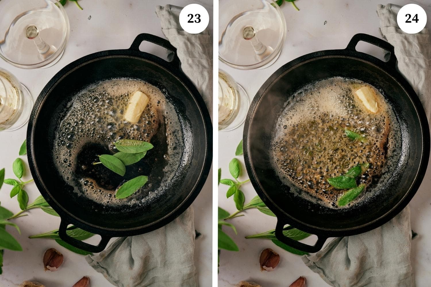 Process of making Lobster Ravioli: melt the butter with the sage leaves over medium heat for 4 minutes.