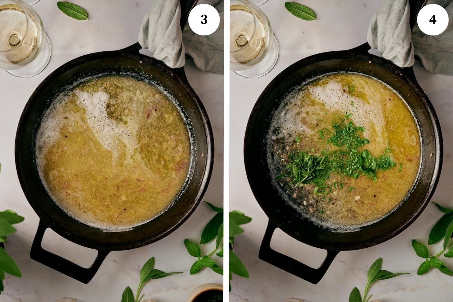 Process of making Lobster Ravioli: add the 4 tablespoons of butter, add the basil, parsley and tarragon.