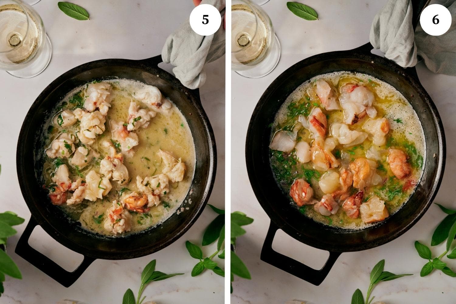 Process of making Lobster Ravioli: add the lobster pieces.