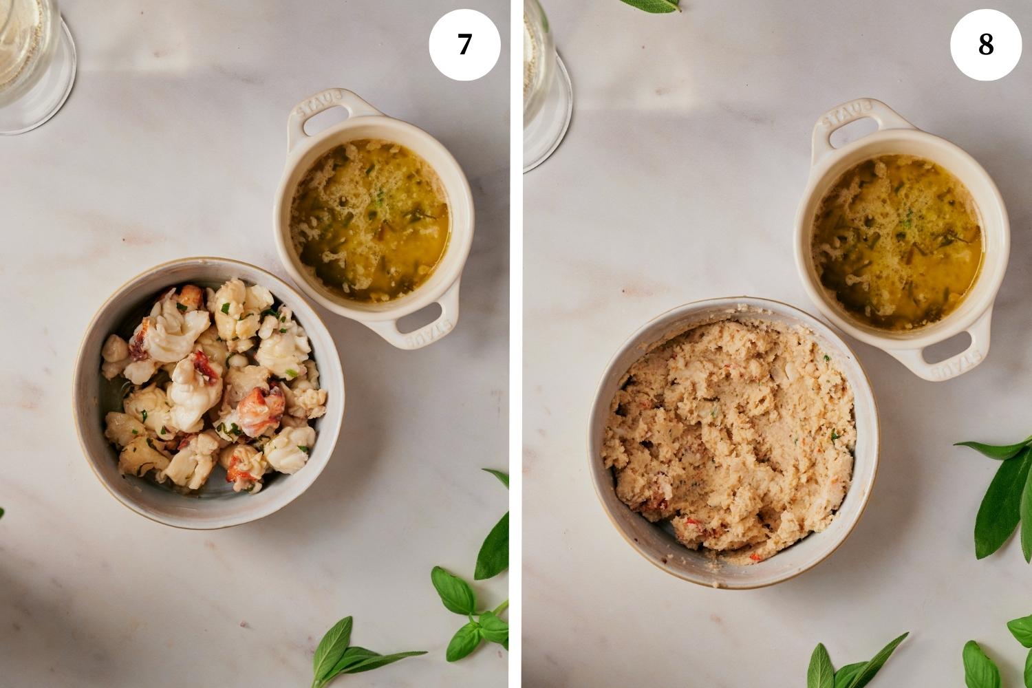 Process of making Lobster Ravioli: Transfer the lobster pieces to a dish and set aside to cool. Put the cooked lobster meat into a food processor and pulse on low until you get a stiff mixture.