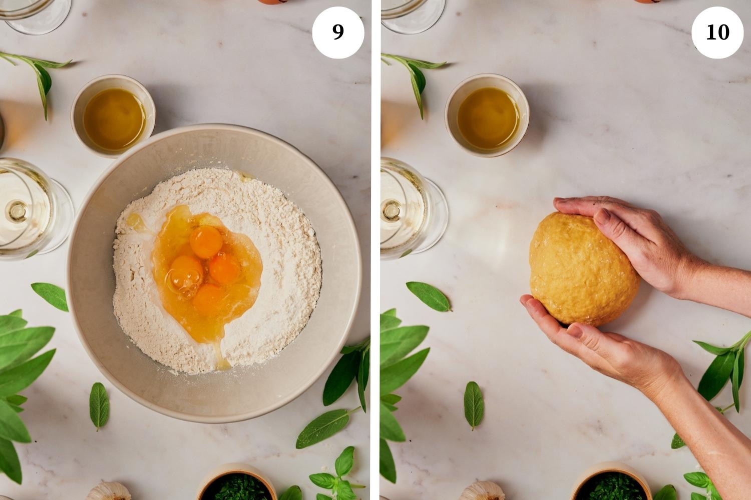 Process of making Lobster Ravioli: Add flour, eggs, and salt in the mixing bowl and then shape the dough into an oval disc.