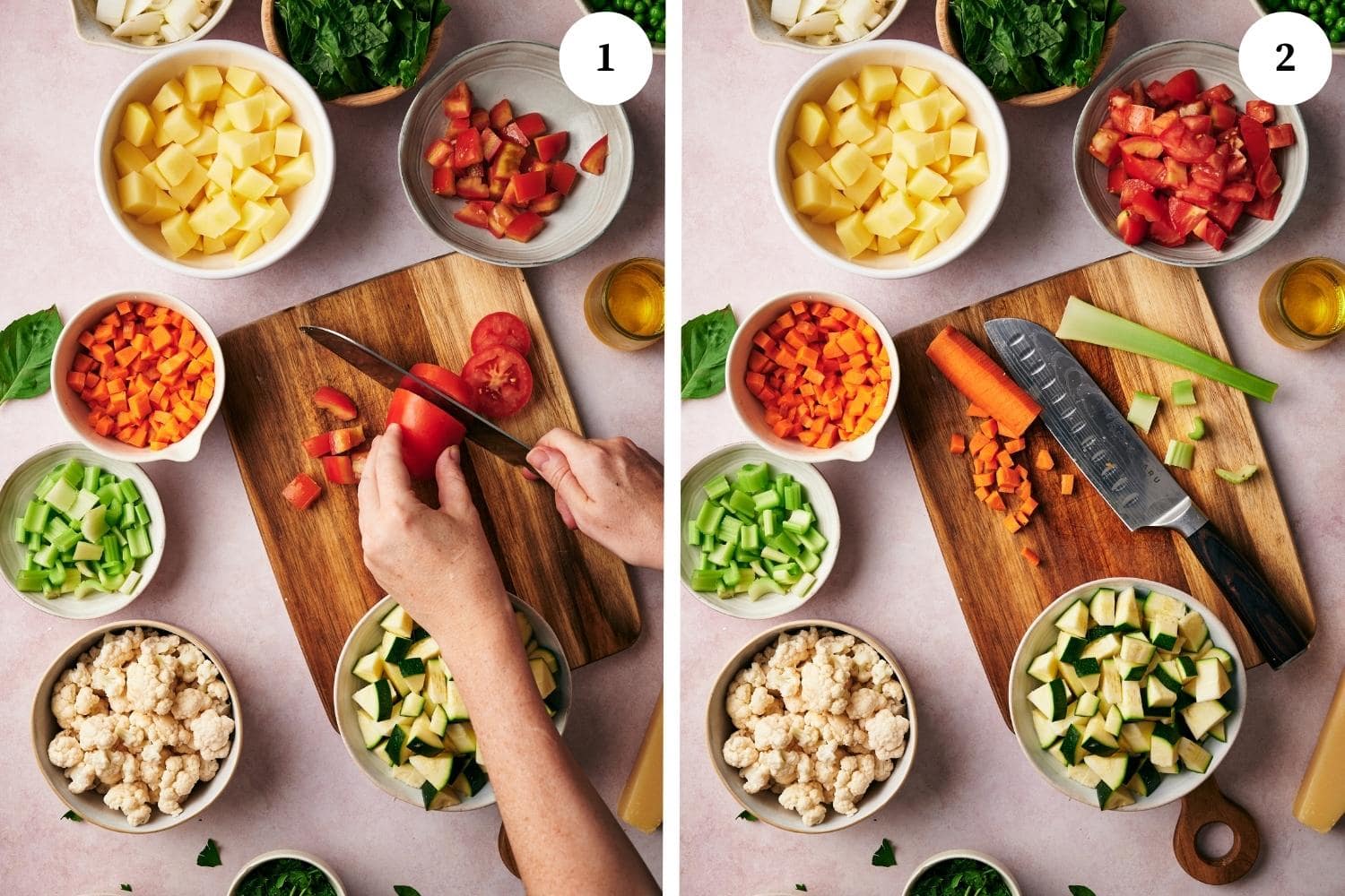 Step by step process for making minestrone soup: wash all veggies and cut them into pieces.