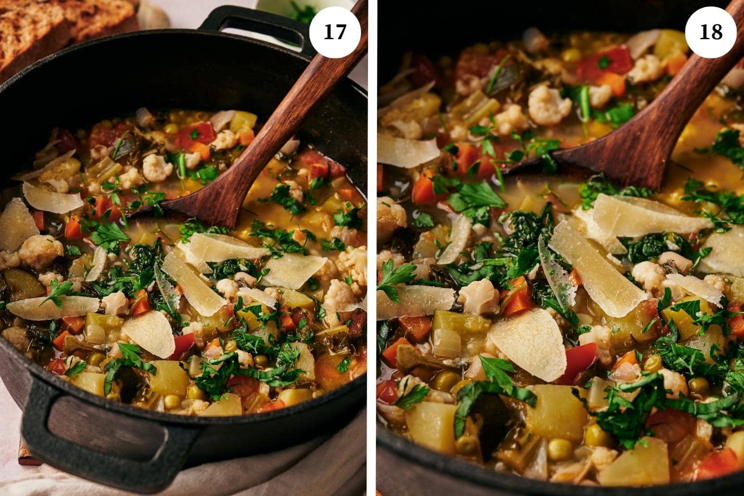 Step by step for making minestrone soup: add salt and pepper to taste as well as chopped fresh basil or fresh parsley.