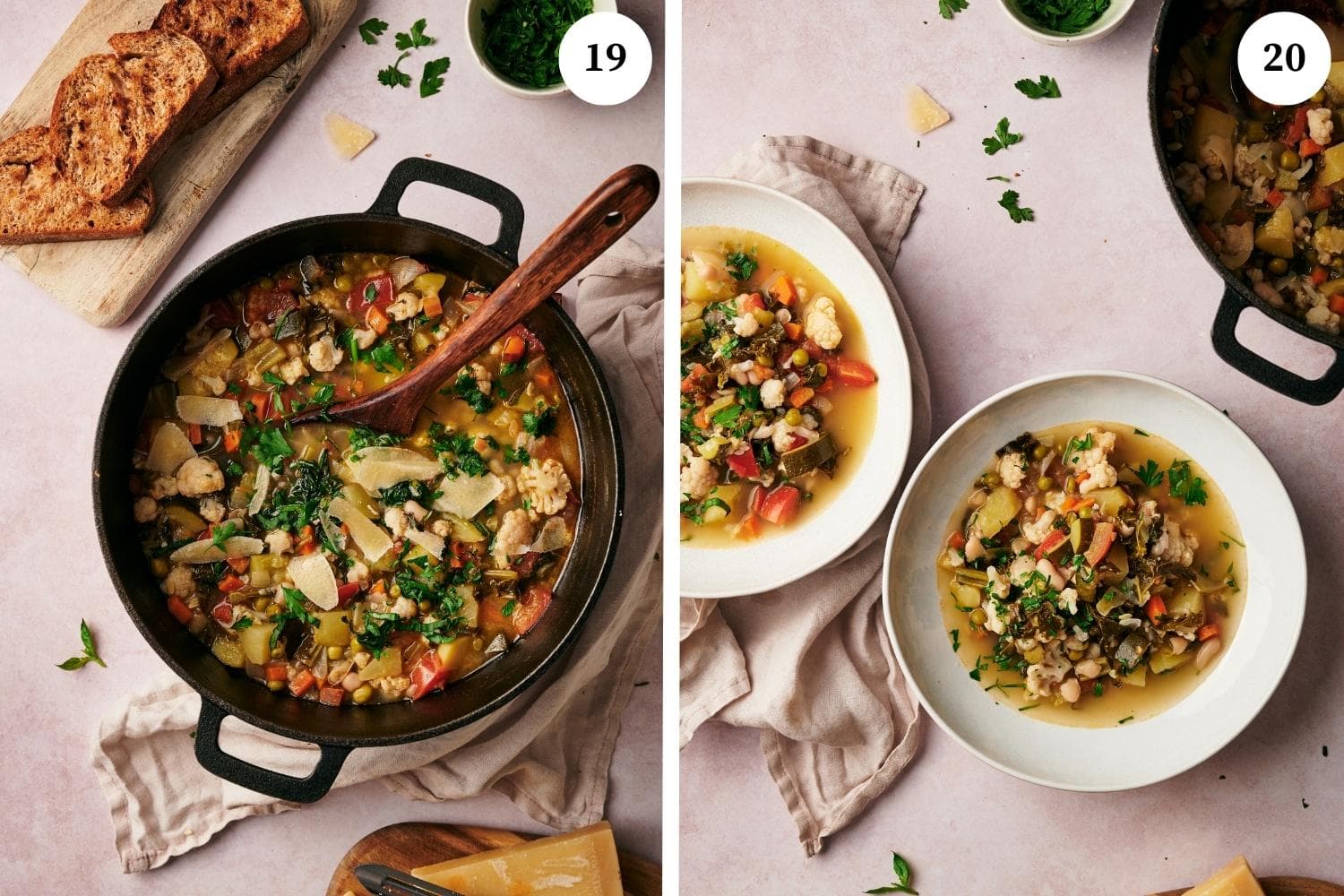 Step by step for making minestrone soup: serve in individual bowls with freshly grated Parmigiano Reggiano on top and a side of crusty bread.
