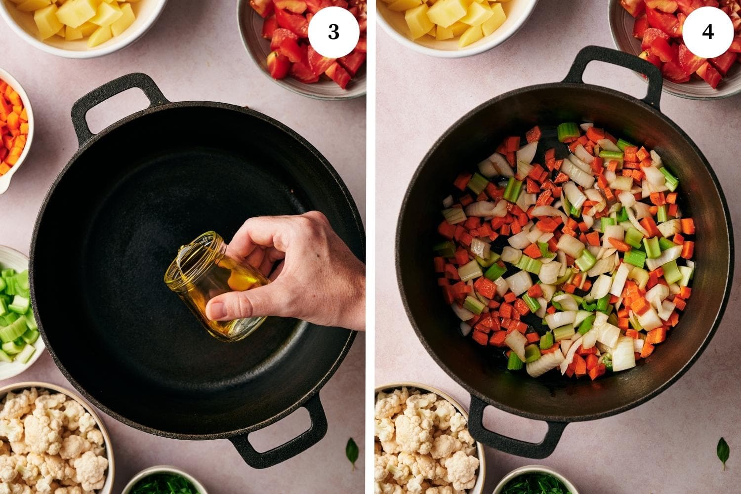 Step by step process for making minestrone soup:  add 3 tablespoons of olive oil and saute the onion, carrot, and celery for 3 minutes.