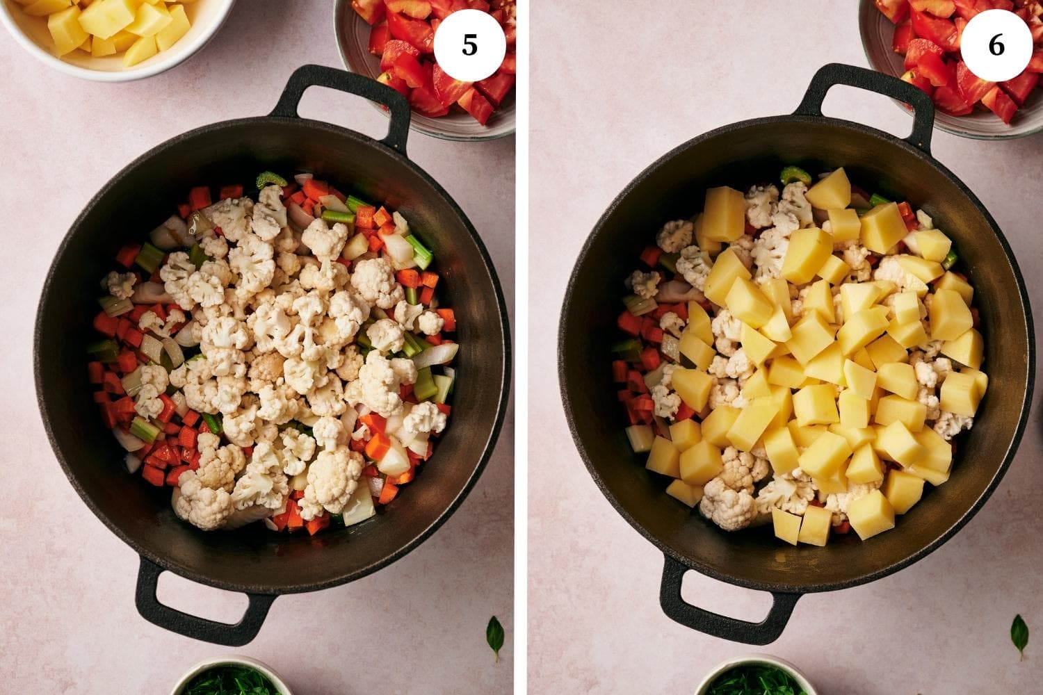 Step by step process for making minestrone soup: add the Cannellini white beans, peas, zucchini, tomatoes, spinach and kale and or any other leafy or soft vegetables you have chosen.
