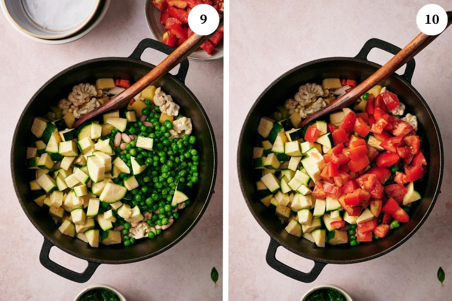 Step by step process for making minestrone soup: add the zucchini and the tomatoes.