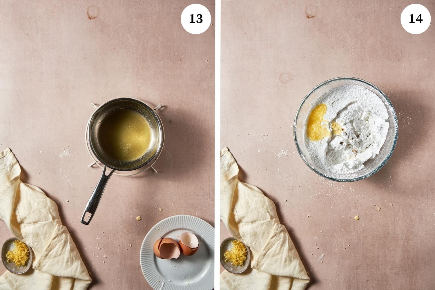 Ricotta cookies procedure: the butter is melted and added in a bowl with the powdered sugar, lemon zest, vanilla and milk.