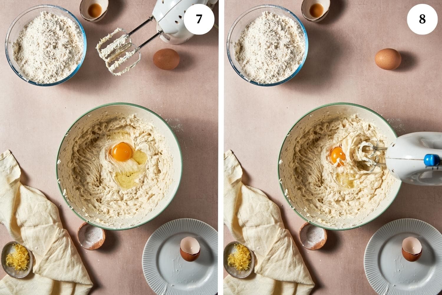 Ricotta cookies procedure: the first eggs is added.