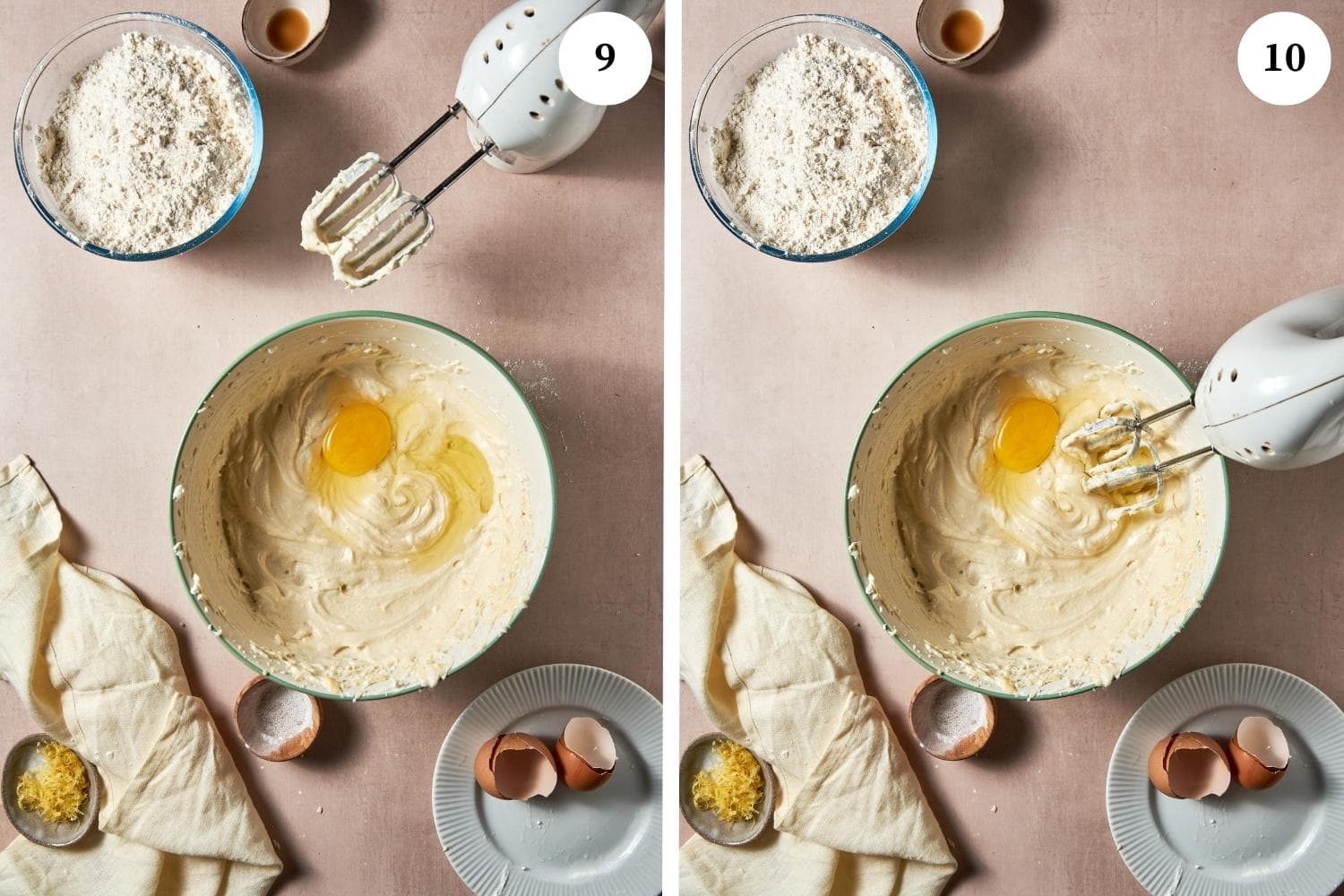 Ricotta cookies procedure: the second egg is added.