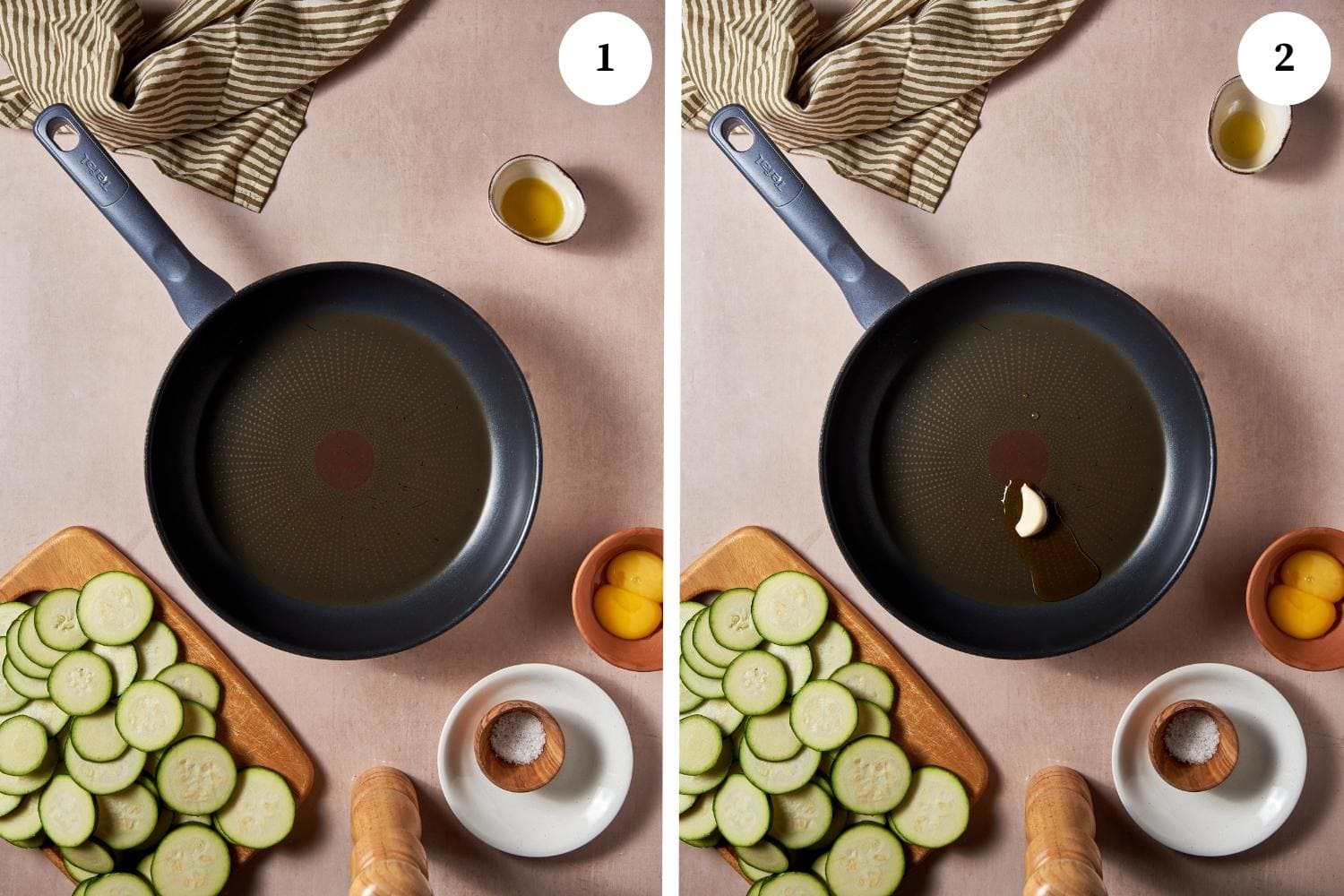 Vegetarian carbonara procedure: 1 teaspoon of olive oil is added to a large sauté pan followed by the sliced zucchini and garlic clove.