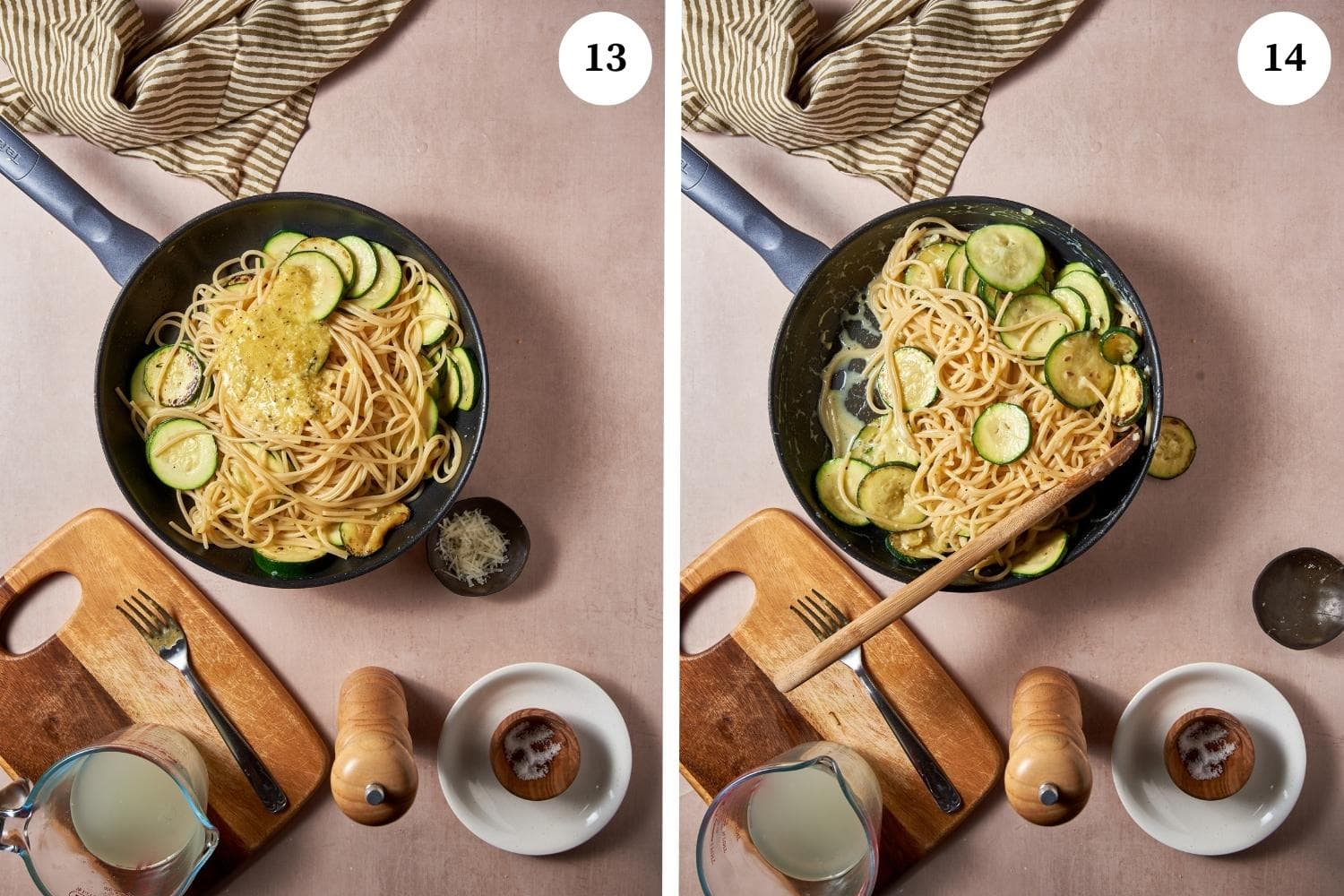 Vegetarian carbonara procedure: the egg mixture is poured. Vegetarian carbonara procedure: the egg mixture is poured. Next, the remaining grated cheese is stirred with some pasta water.