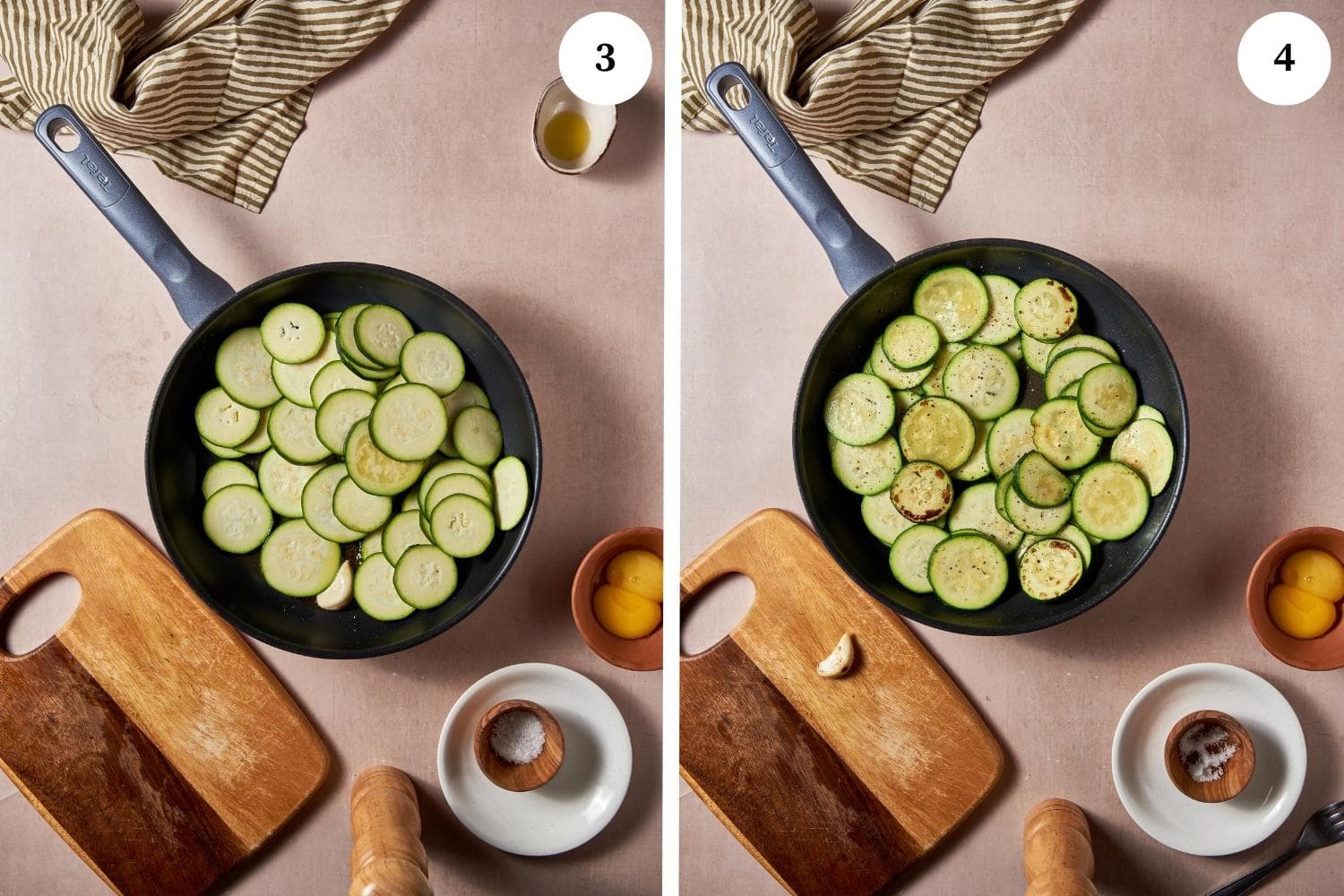 Vegetarian carbonara procedure: the zucchini are sautéd for approximately 3 minutes.