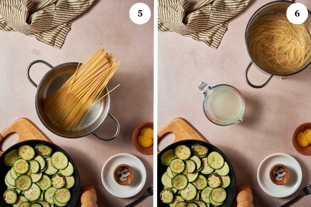 Vegetarian carbonara procedure: the pasta is boiled until it reaches al dente. 1 cup of pasta cooking water is reserved and then 
the noodles are drained in a colander.