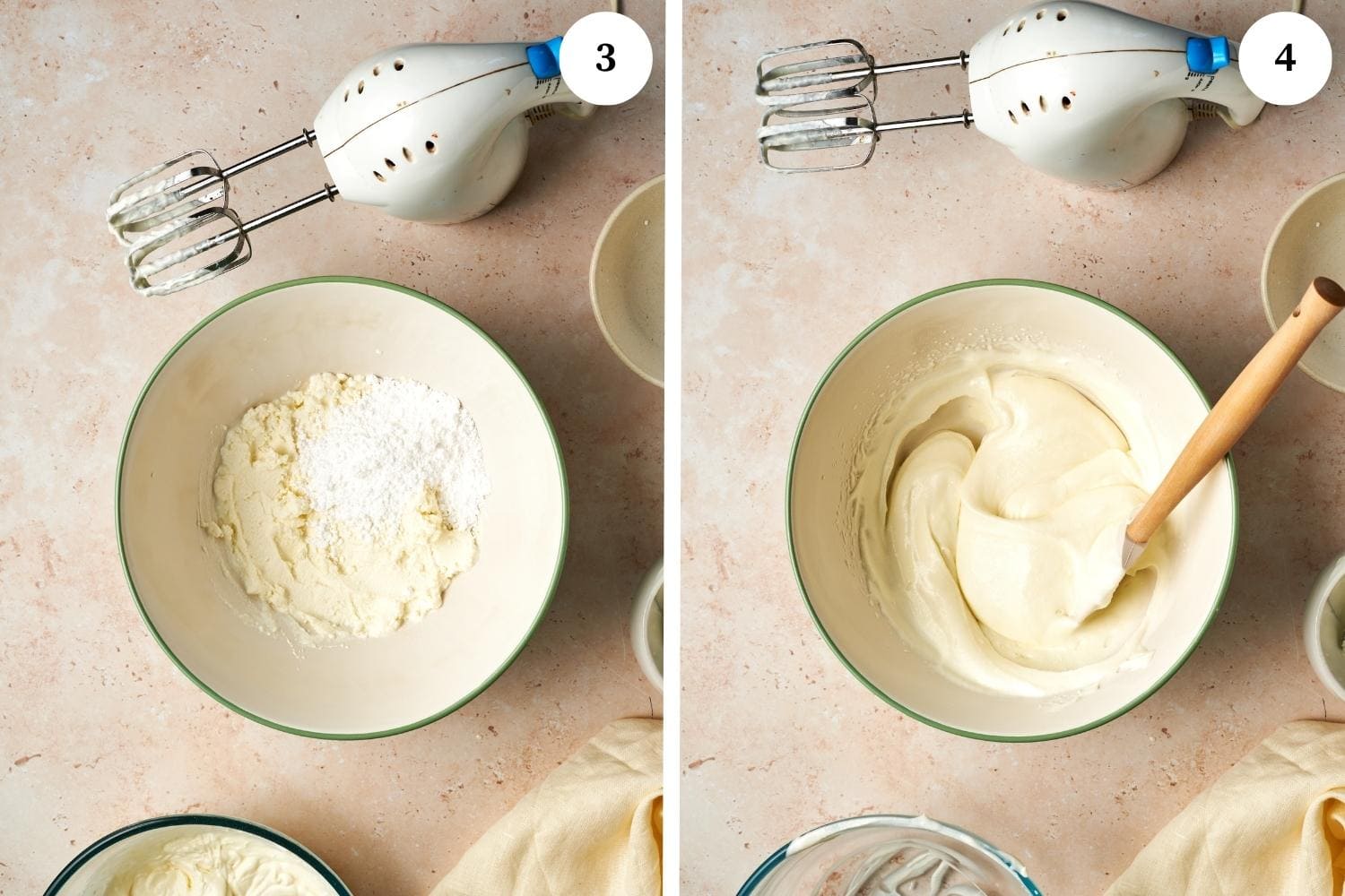 mascarpone cheese in a bowl with powdered sugar. other photo, combined whipped heavy cream and mascarpone.
