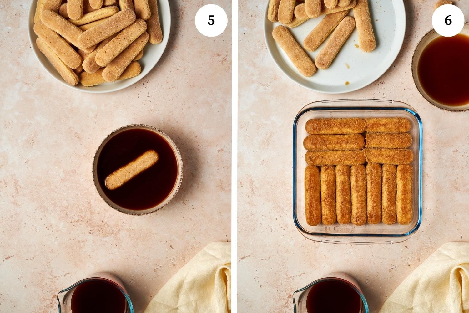 ladyfinger dipped in espresso in a bowl. arranged soaked ladyfingers in a pan