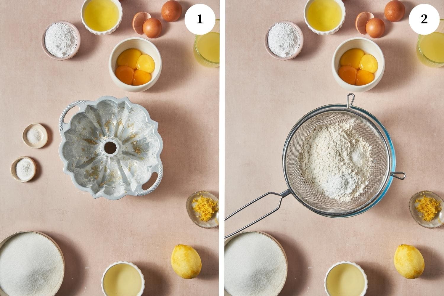 limoncello cake procedure: bundt cake pan dusted with flour. other photo is a sieve with dry ingredients in it