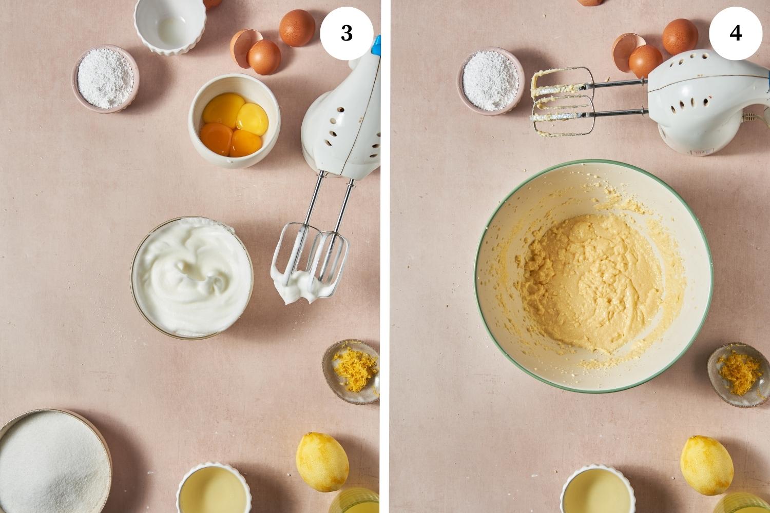 limoncello cake procedure: Whipped egg whites in a bowl, next photo is a big bowl with sugar and egg yolk mixture