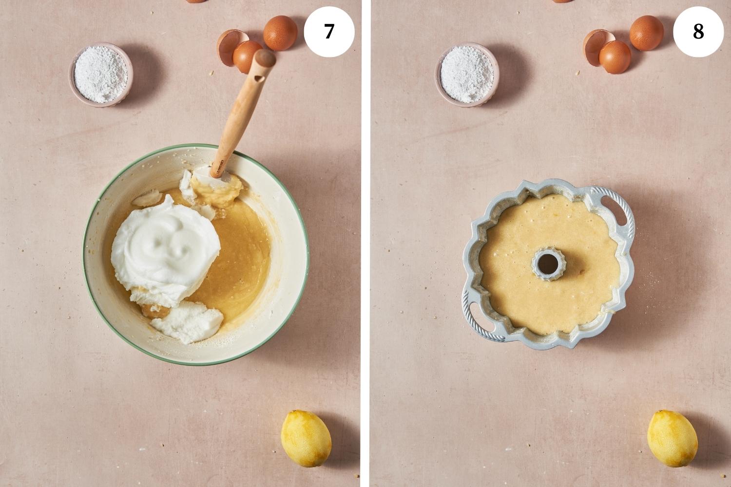 limoncello cake procedure: whipped egg whites on top of the batter in a bowl, next photo is batter in the bundt pan.