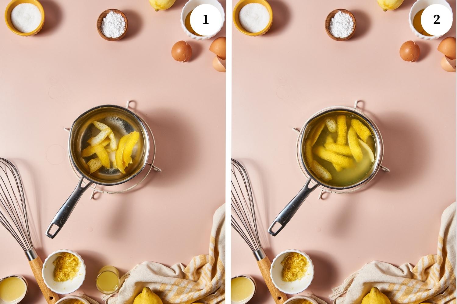 lemon tiramisu procedure: saucepot with lemon peel, sugar and water