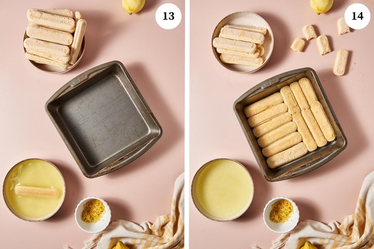 picture of  a square pan with arranged ladyfingers